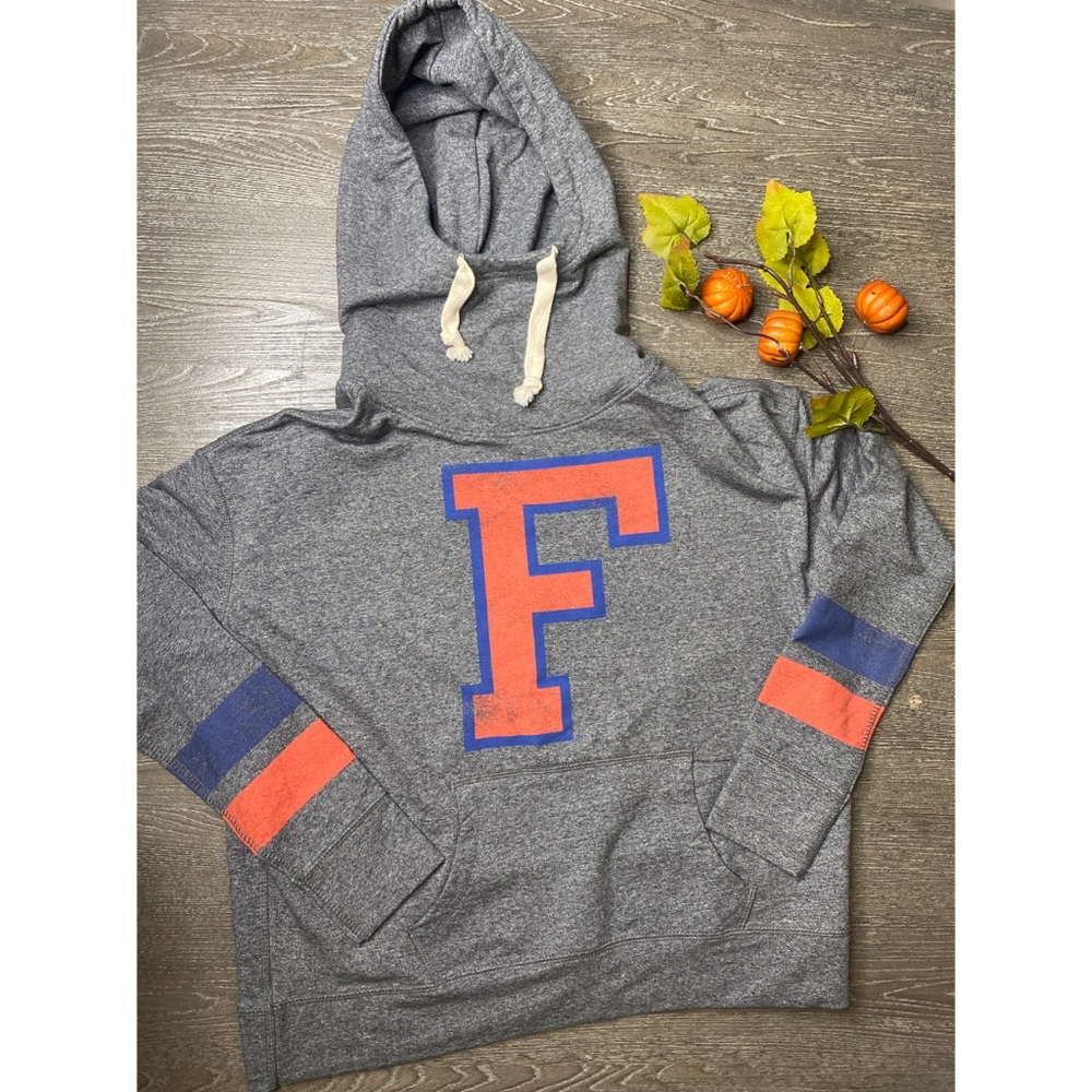 Gray Hooded Sweatshirt with Orange 'F' Graphic
